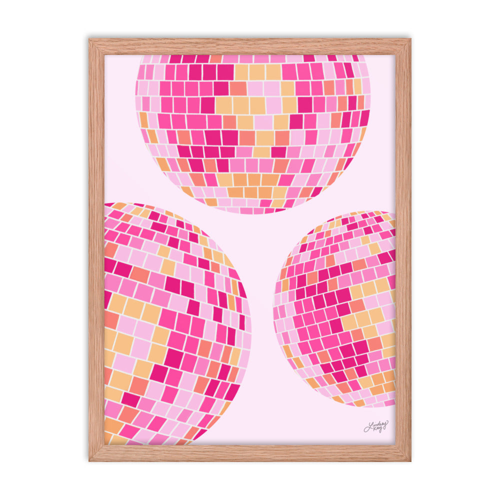 Ilustración de bolas de discoteca (paleta rosa/amarilla) - Impresión mate enmarcada